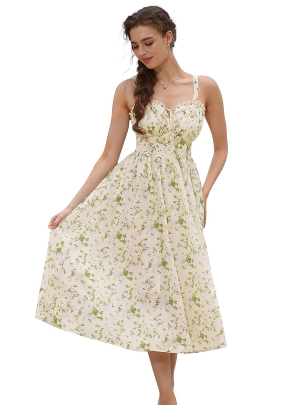 SCARLET DARKNESS Beige Green Floral Milkmaid Corset Midi Dresses Size XL